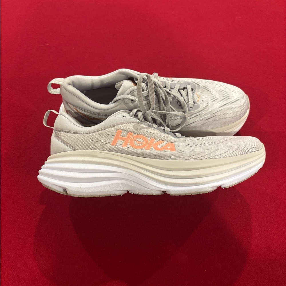 Hoka Grey and Peach Bondi 8